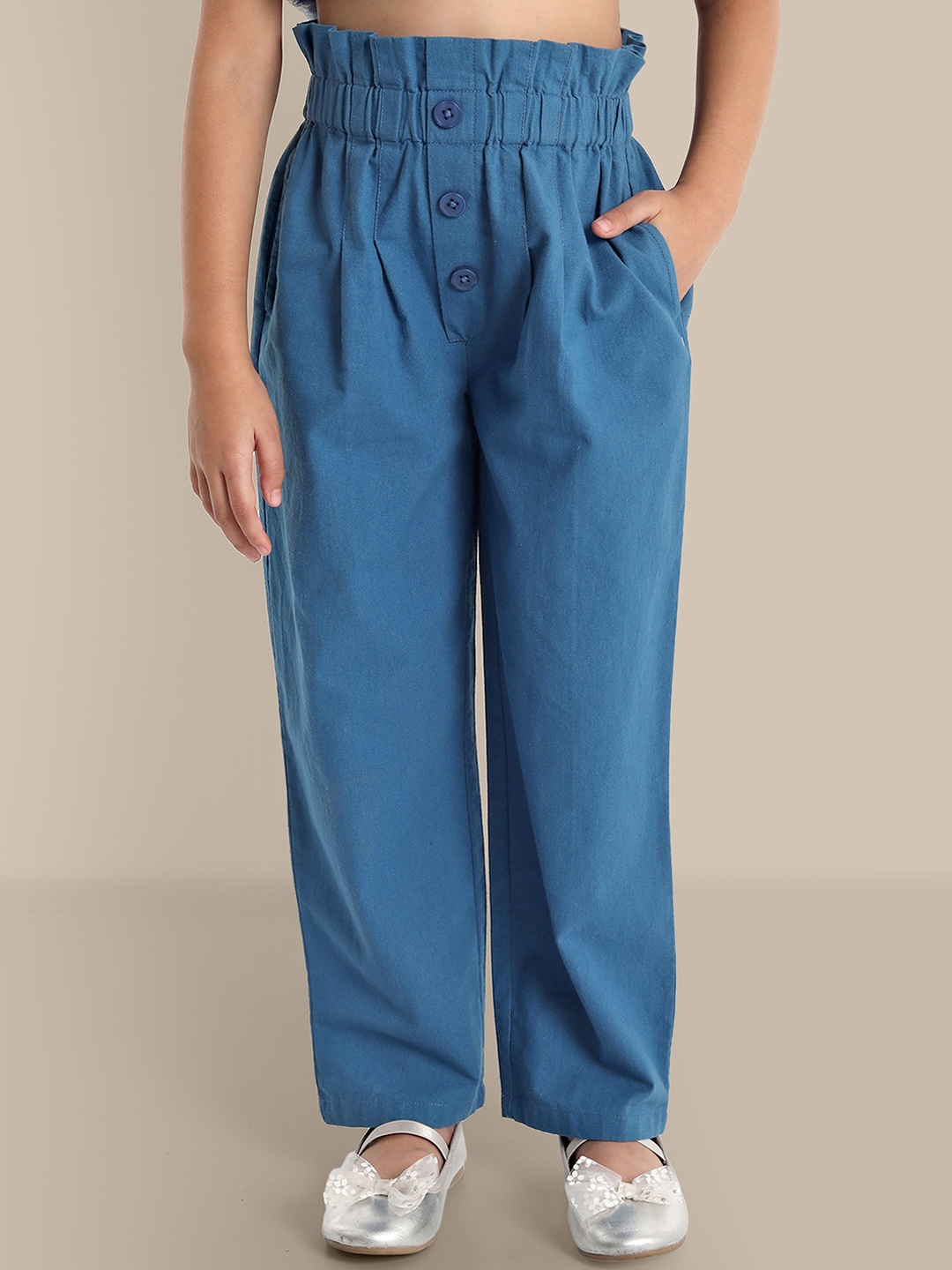 

The Tribe Kids Girls Regular Fit Pleated Cotton Trousers, Blue