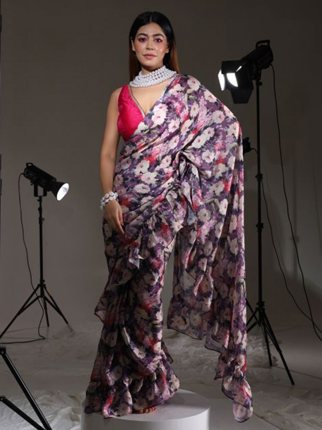 

Tikhi Imli Floral Printed Satin Saree, Violet