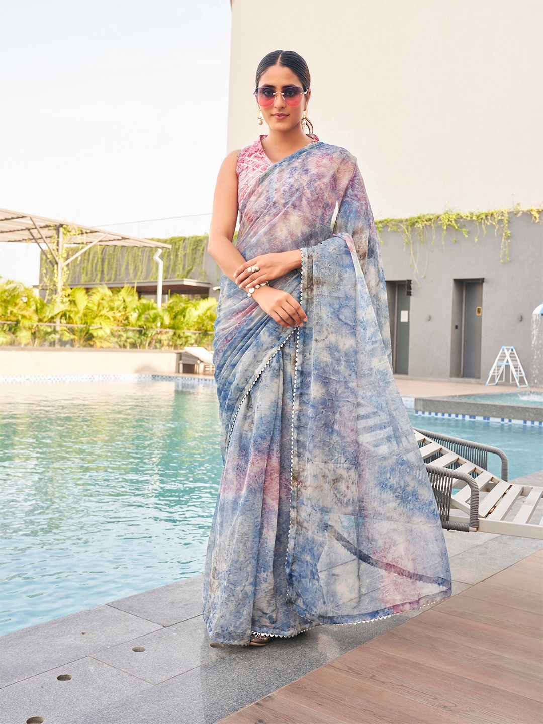 

Tikhi Imli Tie and Dye Gotta Patti Chiffon Saree, Blue