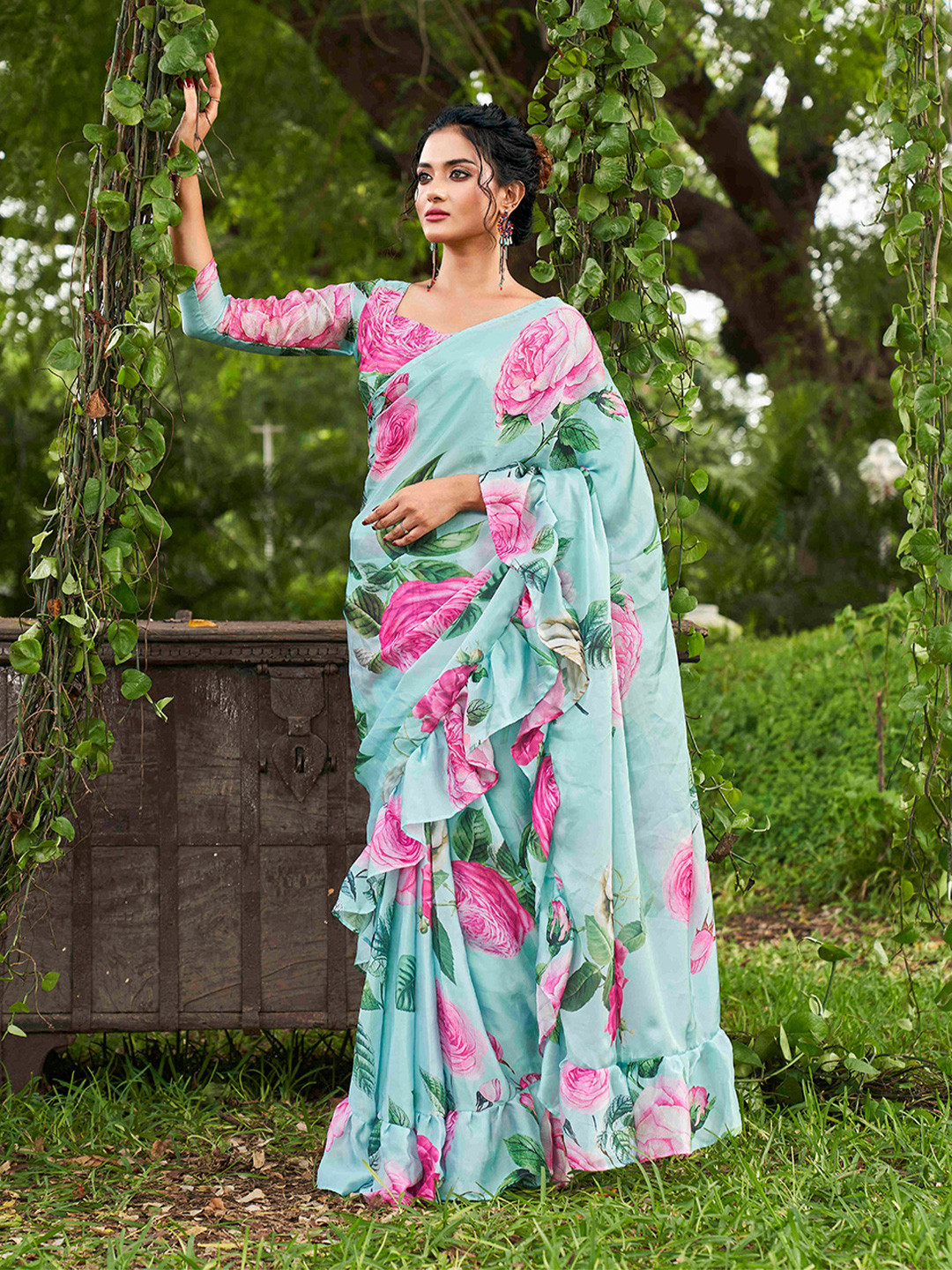 

Tikhi Imli Floral Printed Satin Saree, Sea green