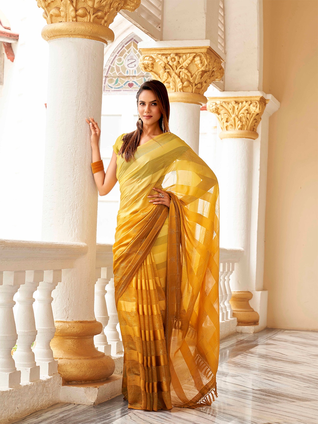 

Tikhi Imli Striped Zari Satin Saree, Mustard