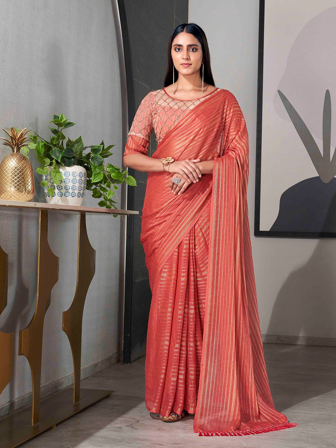 

Tikhi Imli Striped Chiffon Ready to Wear Saree, Peach