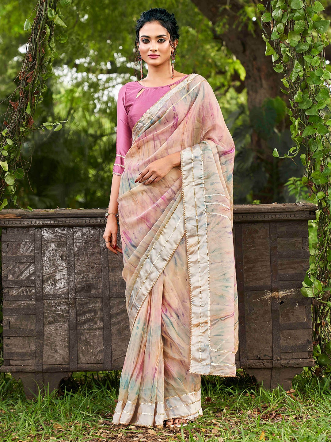 

Tikhi Imli Peach Tie and Dye Gotta Patti Organza Saree