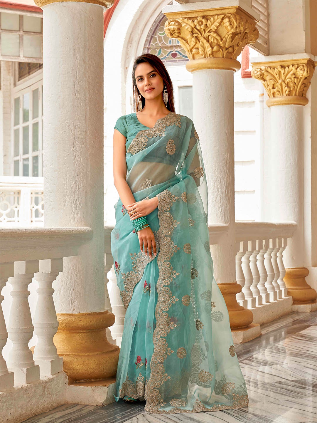 

Tikhi Imli Ethnic Motifs Embroidery Organza Heavy Work Saree, Sea green