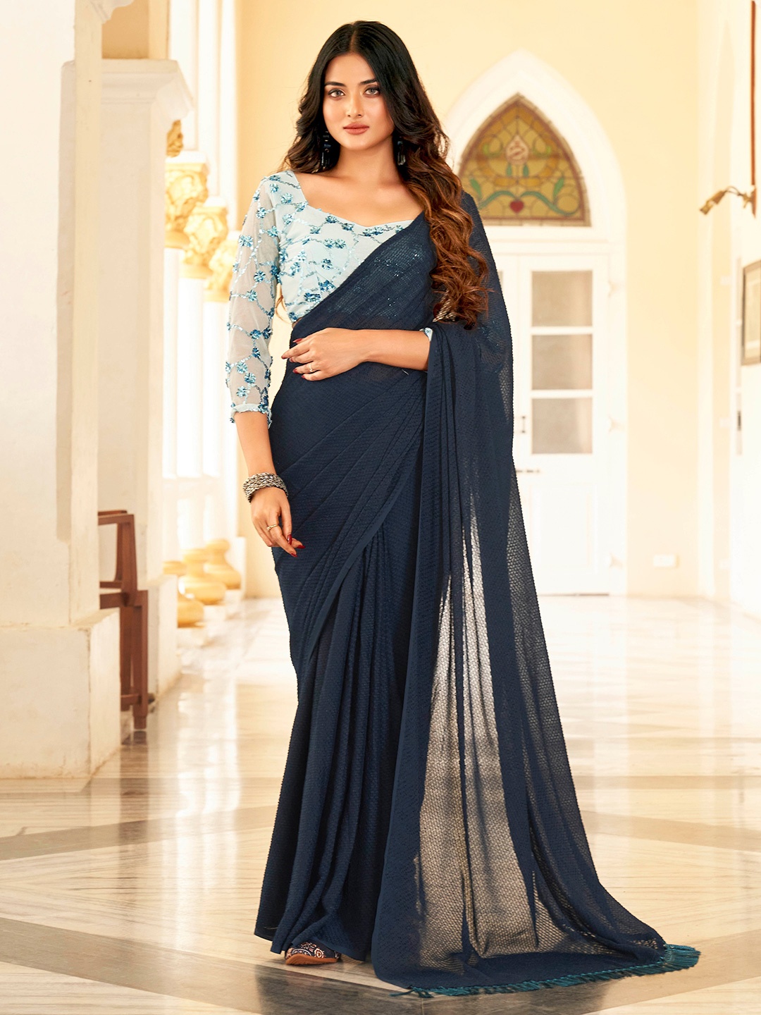 

Tikhi Imli Nay Blue Sequinned Saree, Navy blue