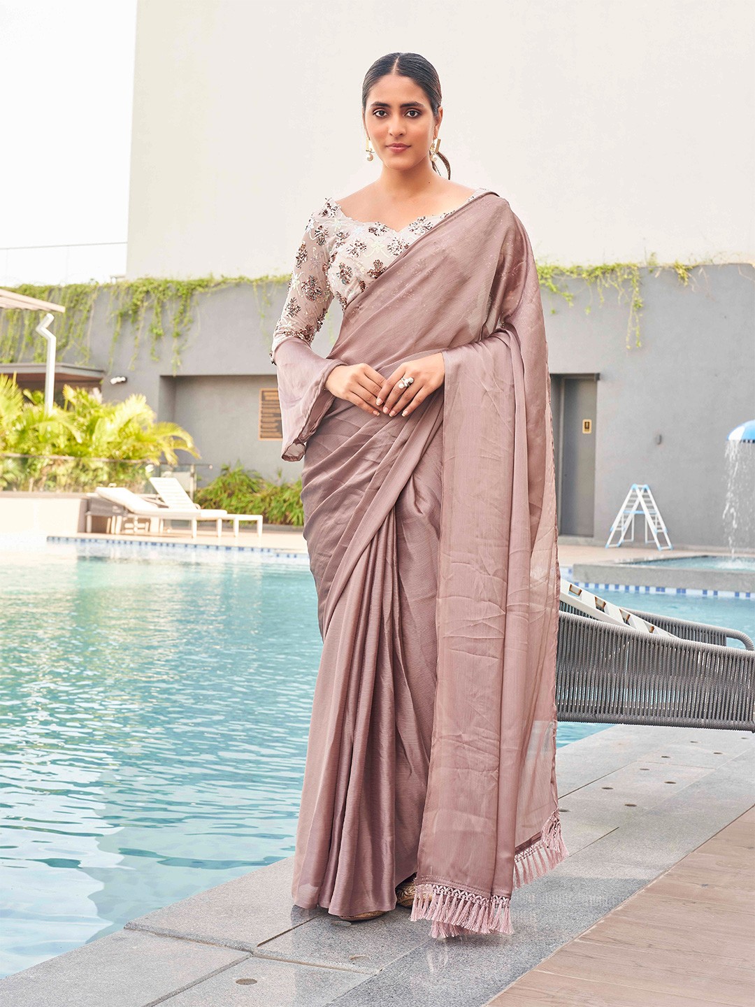 

Tikhi Imli satin saree with sequence embroidered blouse, Rose gold