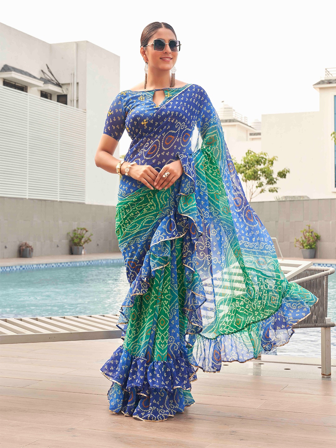 

Tikhi Imli Bandhani Gotta Patti Georgette Saree, Blue