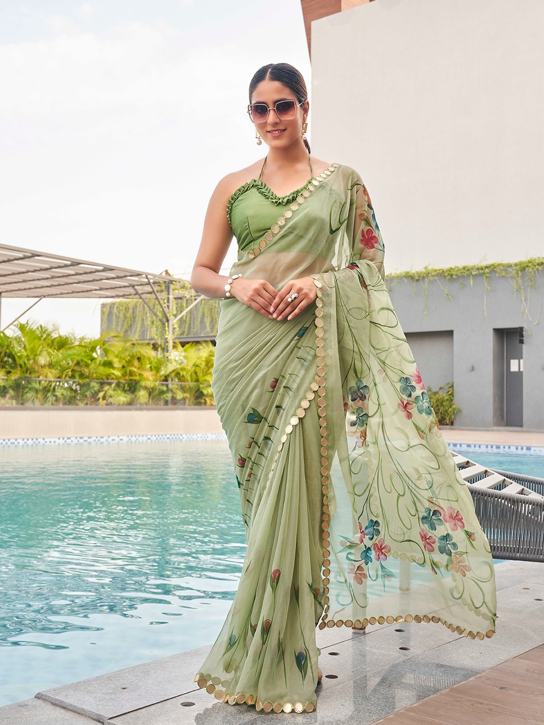 

Tikhi Imli Floral Chiffon Saree, Green