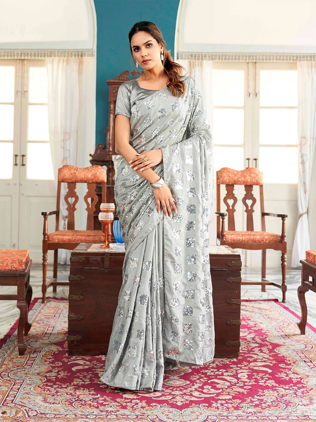 

Tikhi Imli Embellished Sequinned Heavy Work Saree, Grey