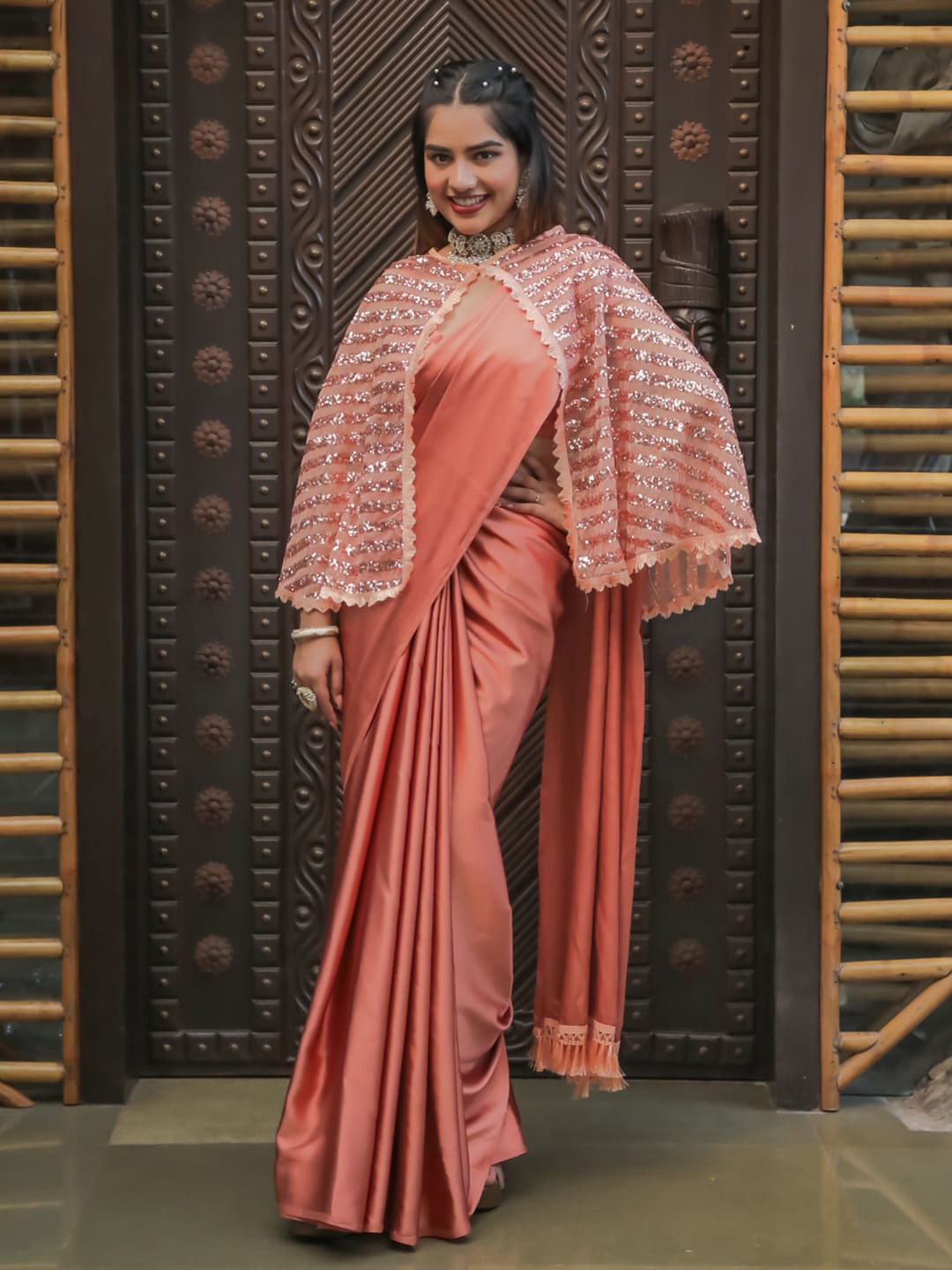 

Tikhi Imli Sequinned Satin Saree With Cape, Rust