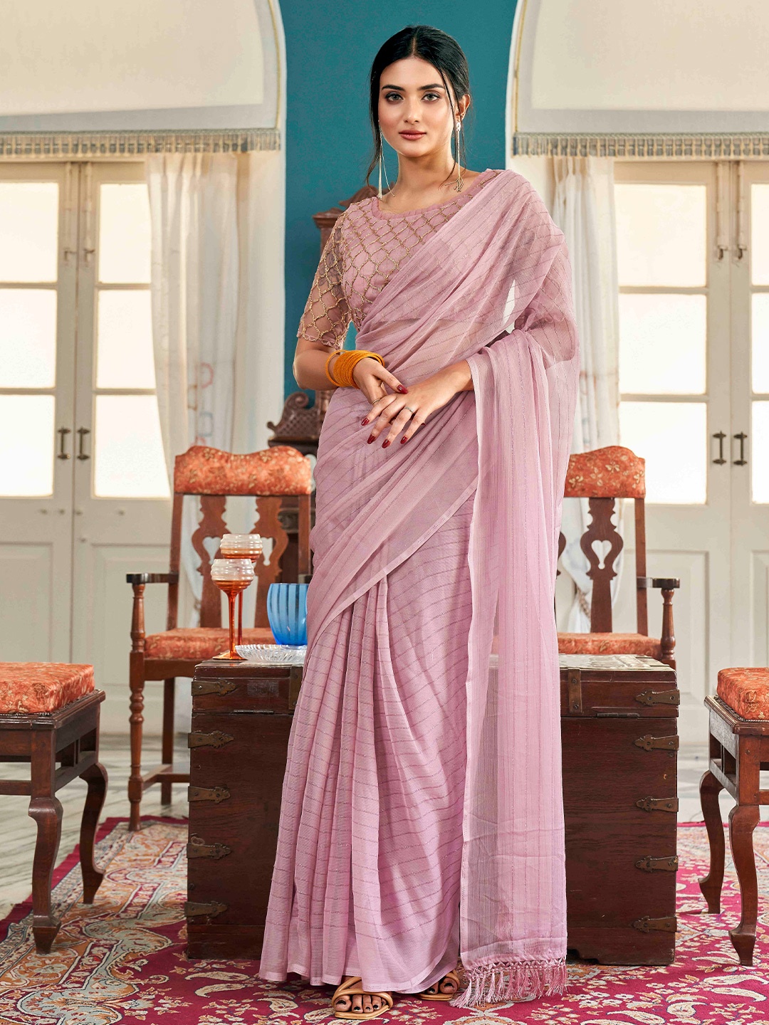 

Tikhi Imli Striped Ready to Wear Saree, Pink