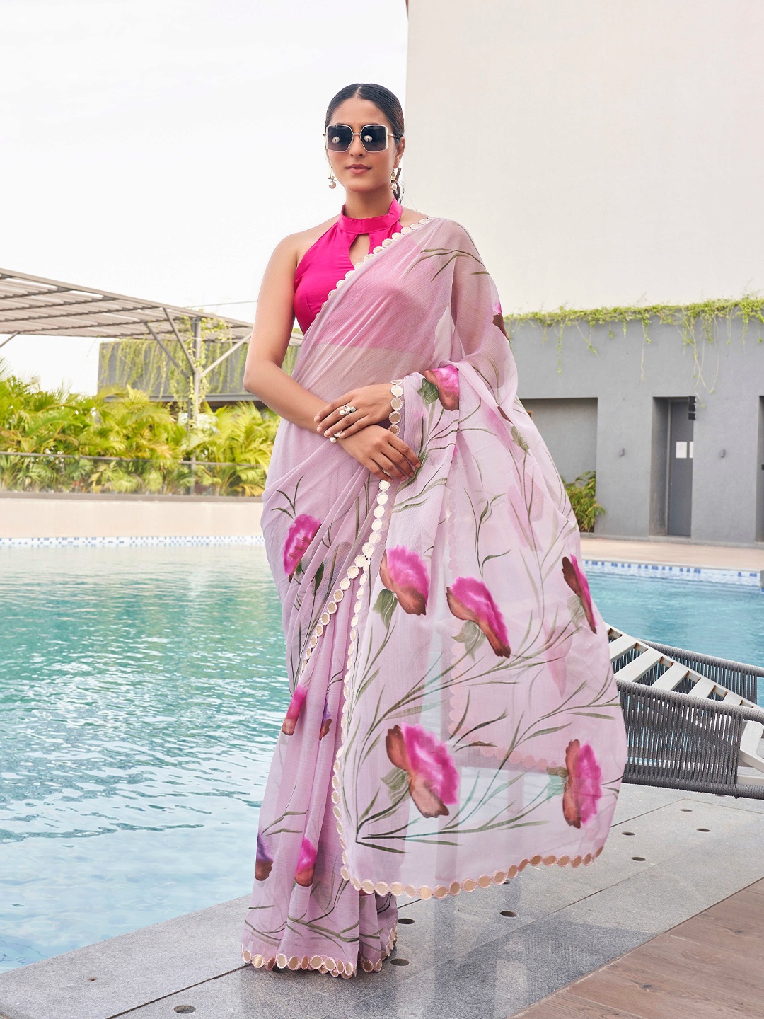 

Tikhi Imli Floral Chiffon Saree, Pink