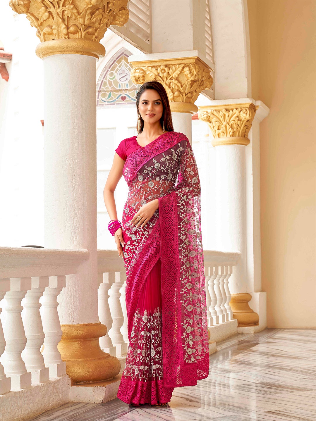 

Tikhi Imli Embellished Beads and Stones Net Heavy Work Saree, Pink