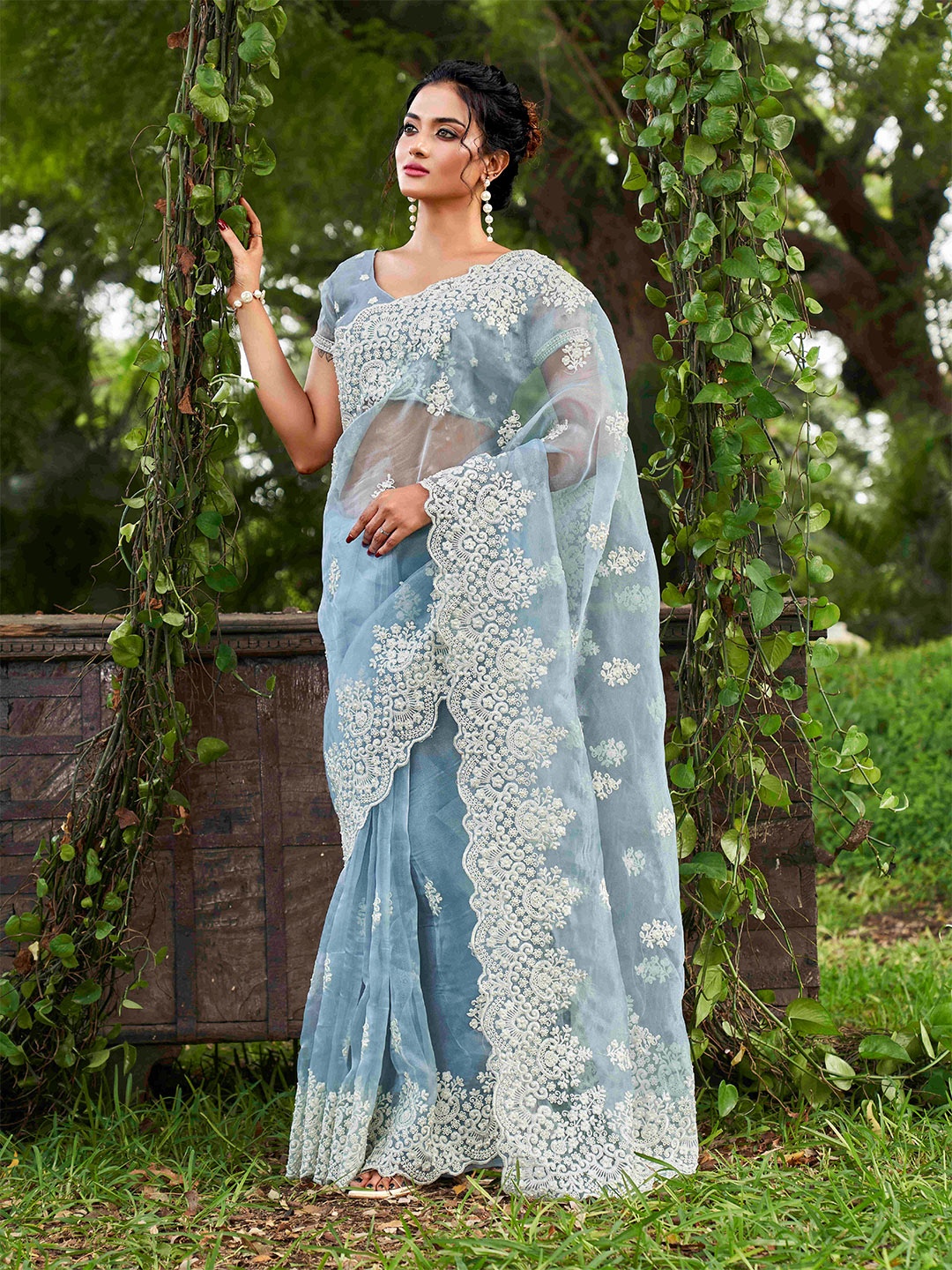 

Tikhi Imli Ethnic Motifs Beads and Stones Organza Heavy Work Saree, Blue