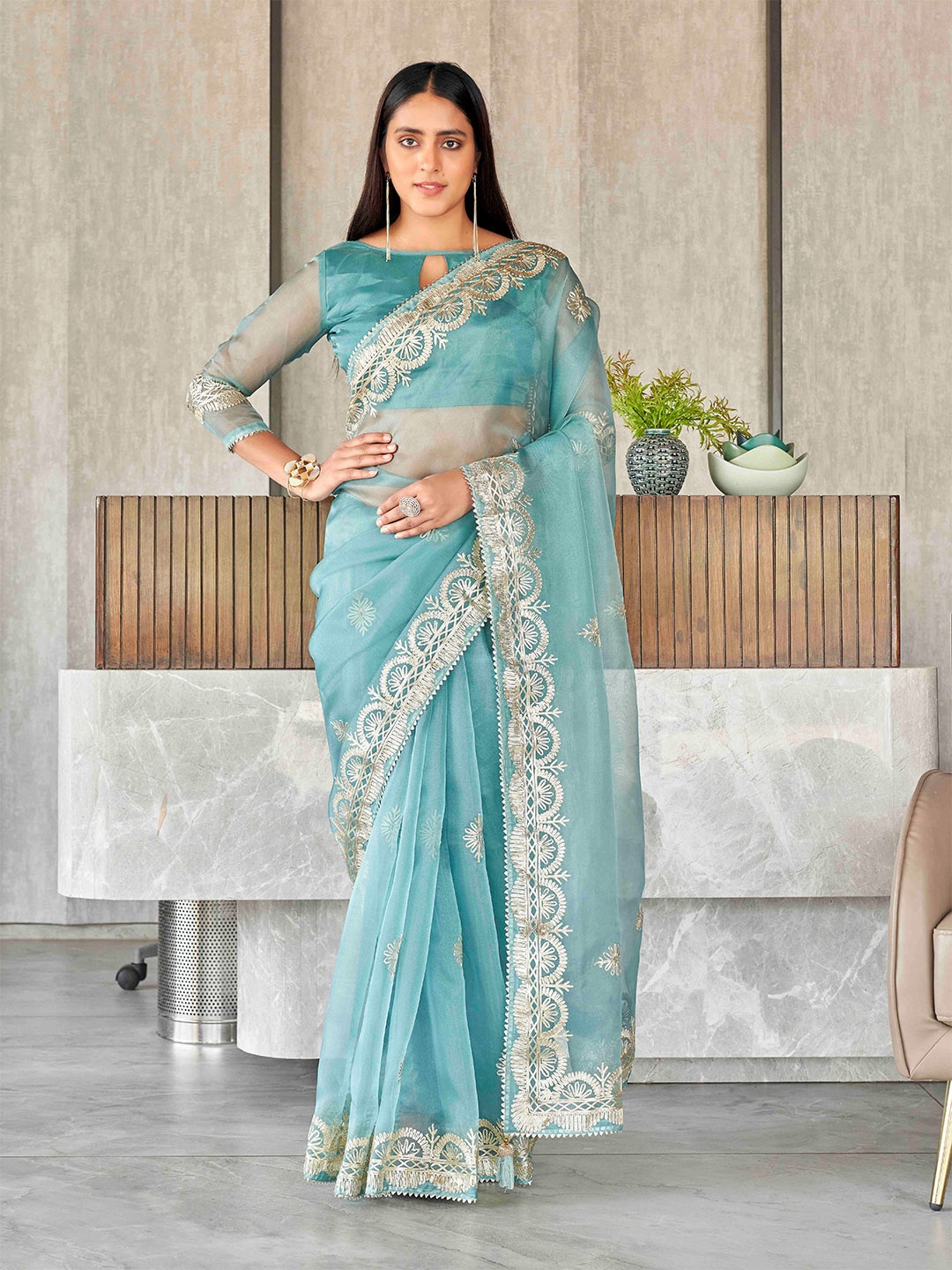 

Tikhi Imli Floral Gotta Patti Organza Heavy Work Saree, Blue