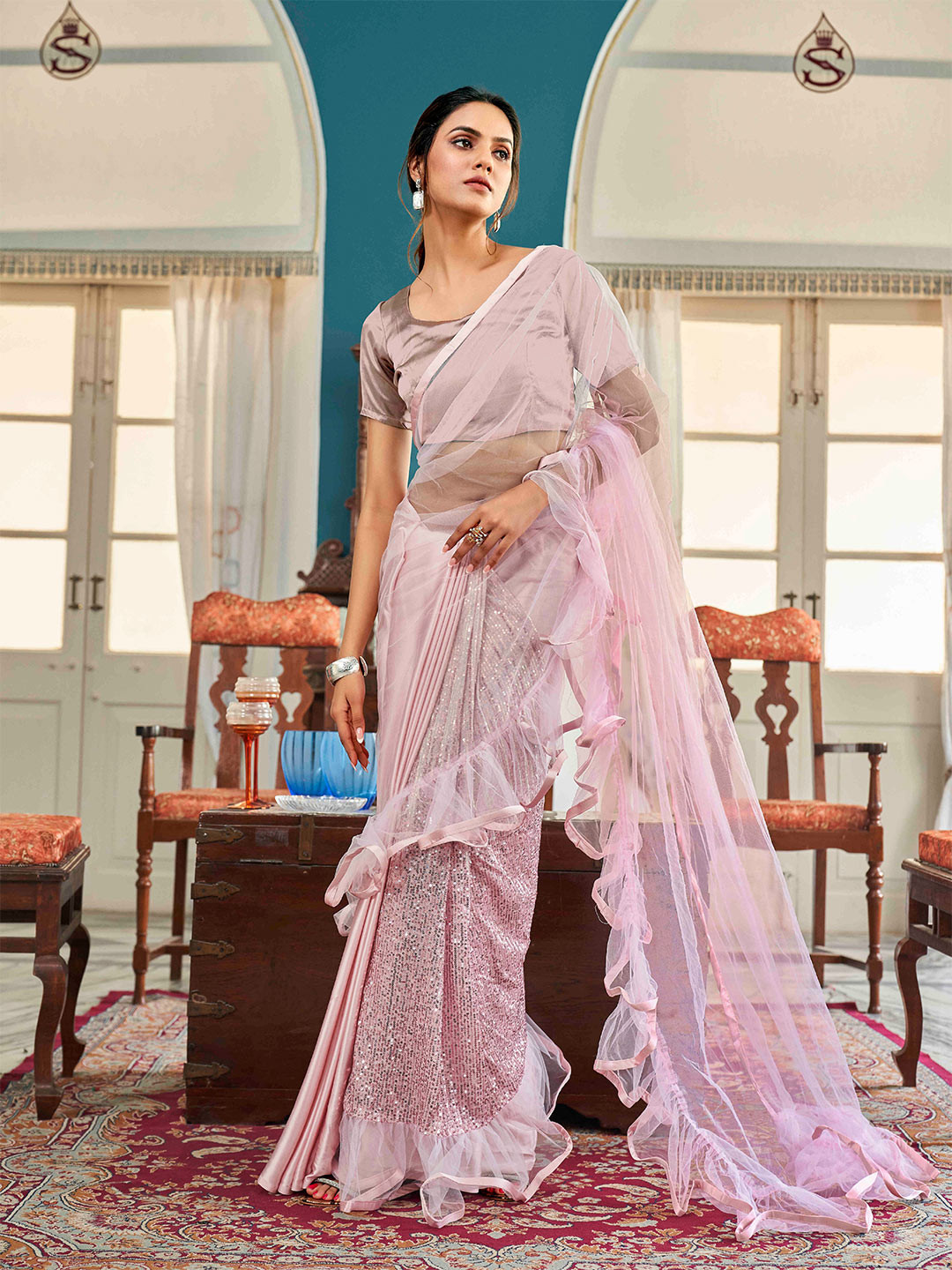 

Tikhi Imli Floral Sequinned Satin Half and Half Saree, Pink