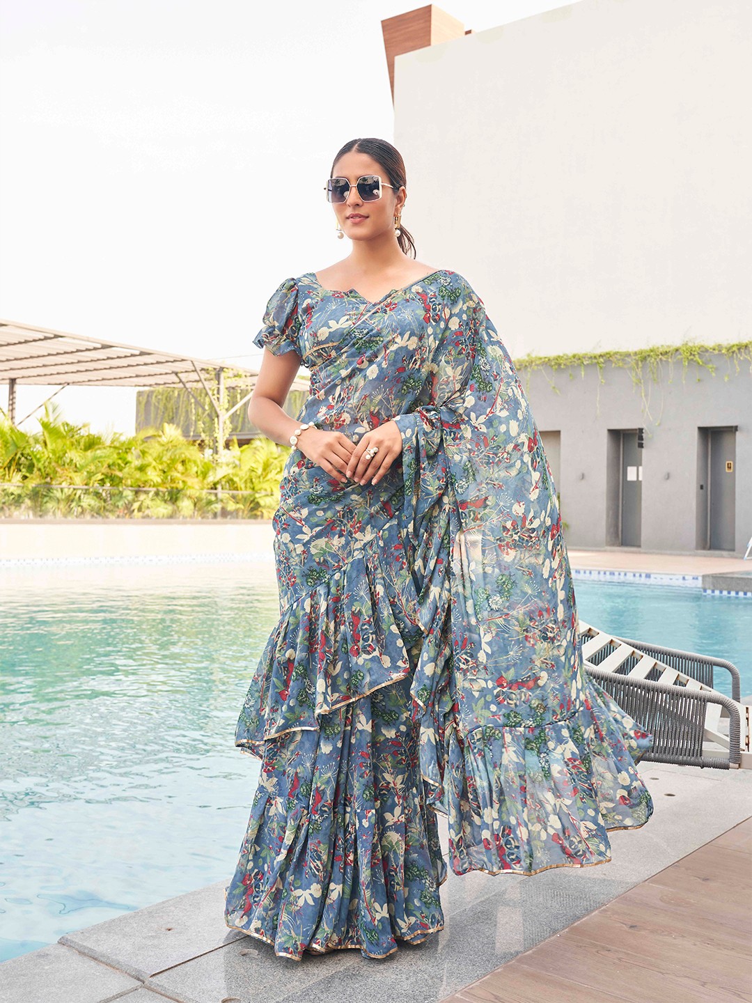 

Tikhi Imli Floral printed ruffled saree, Blue