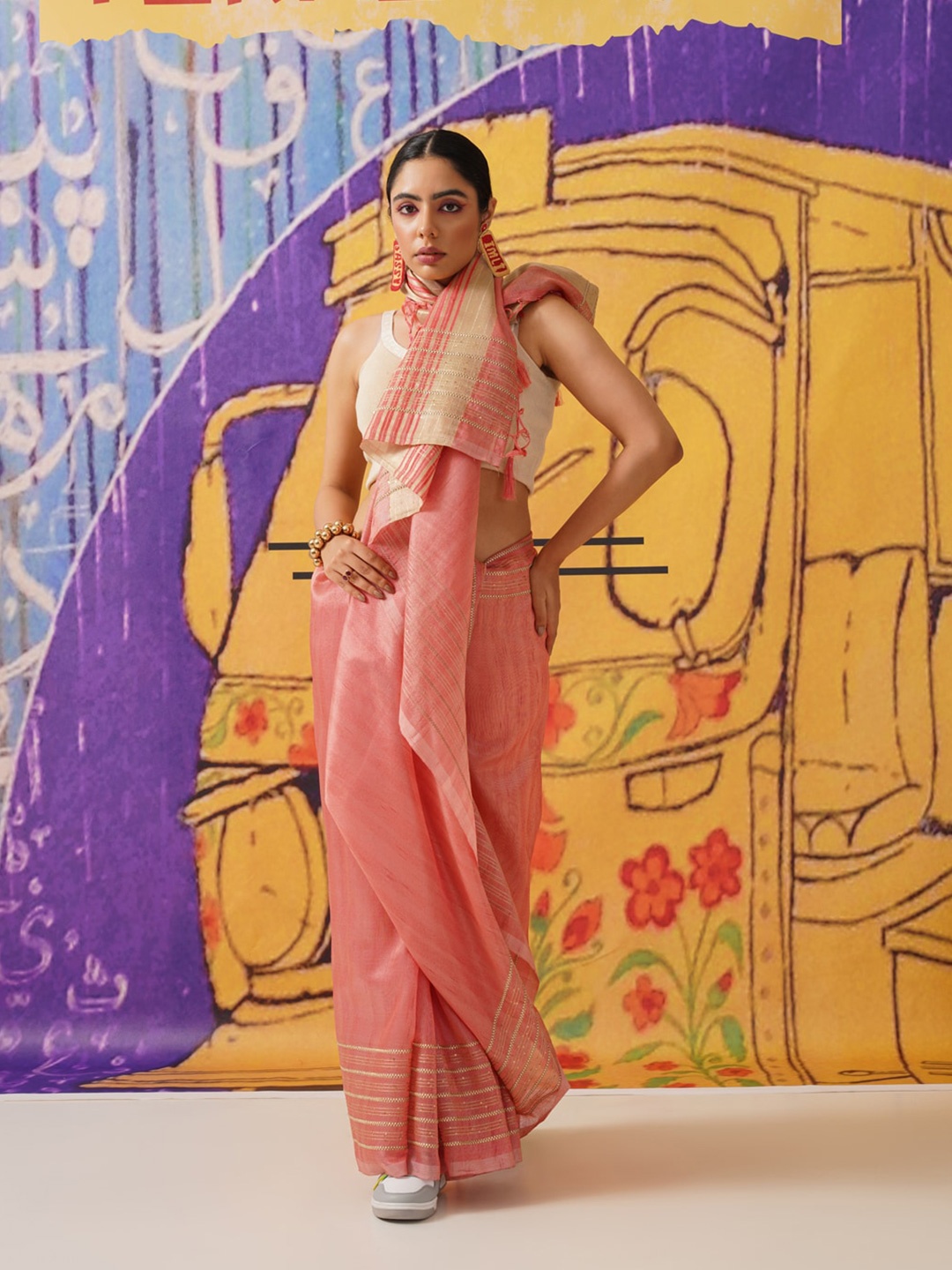 

Tikhi Imli Woven Design Zari Jute Silk Saree, Coral