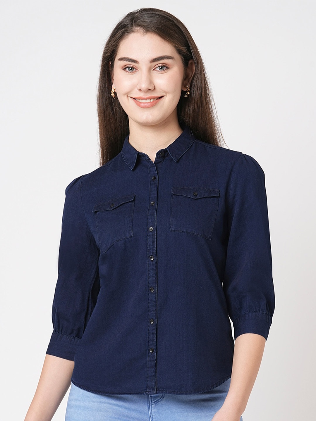 

Kraus Jeans Cotton Spread Collar Slim Fit Curved Casual Shirt, Blue