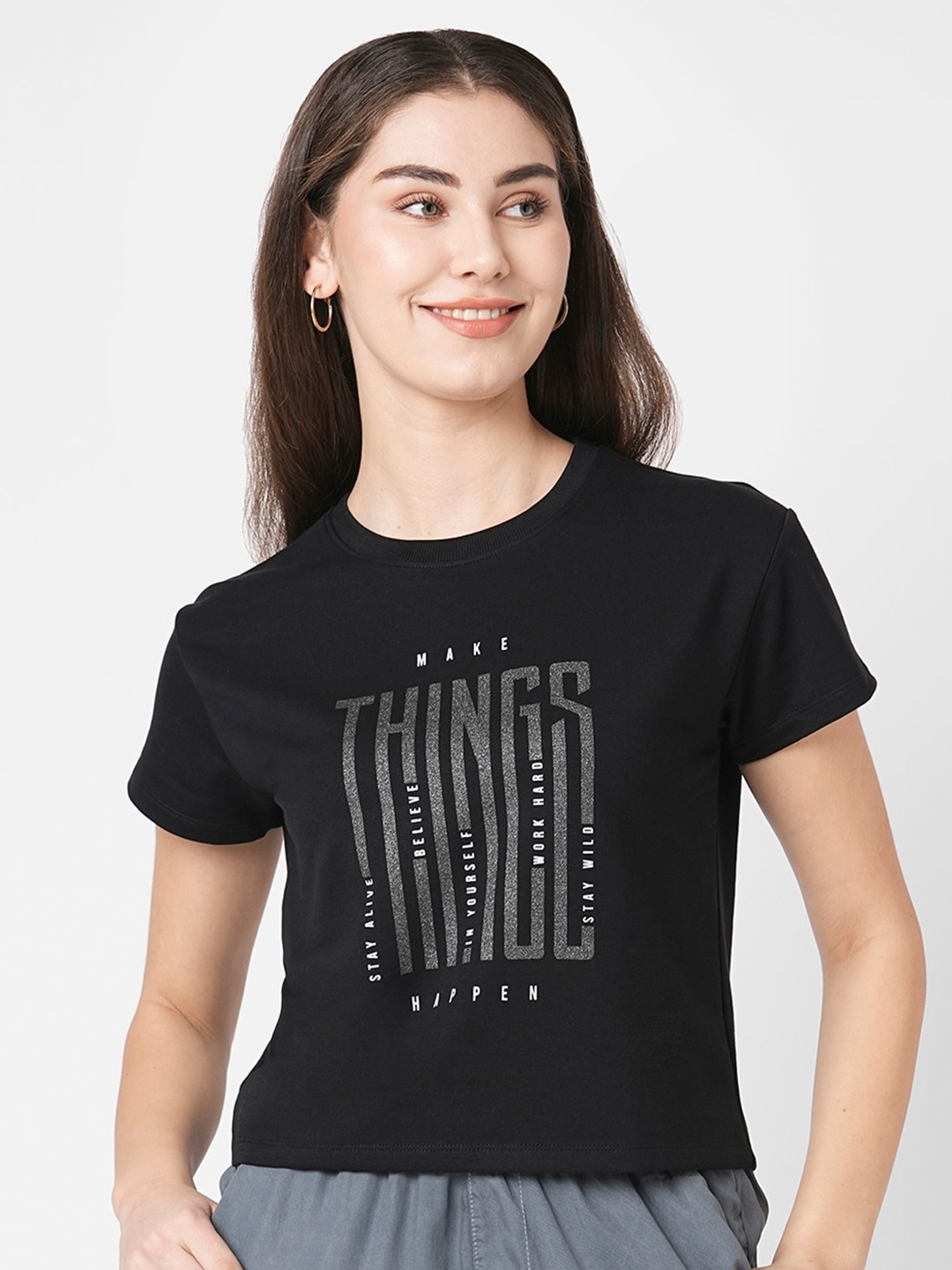 

Kraus Jeans Women Typography Printed Slim Fit Cotton T-shirt, Black