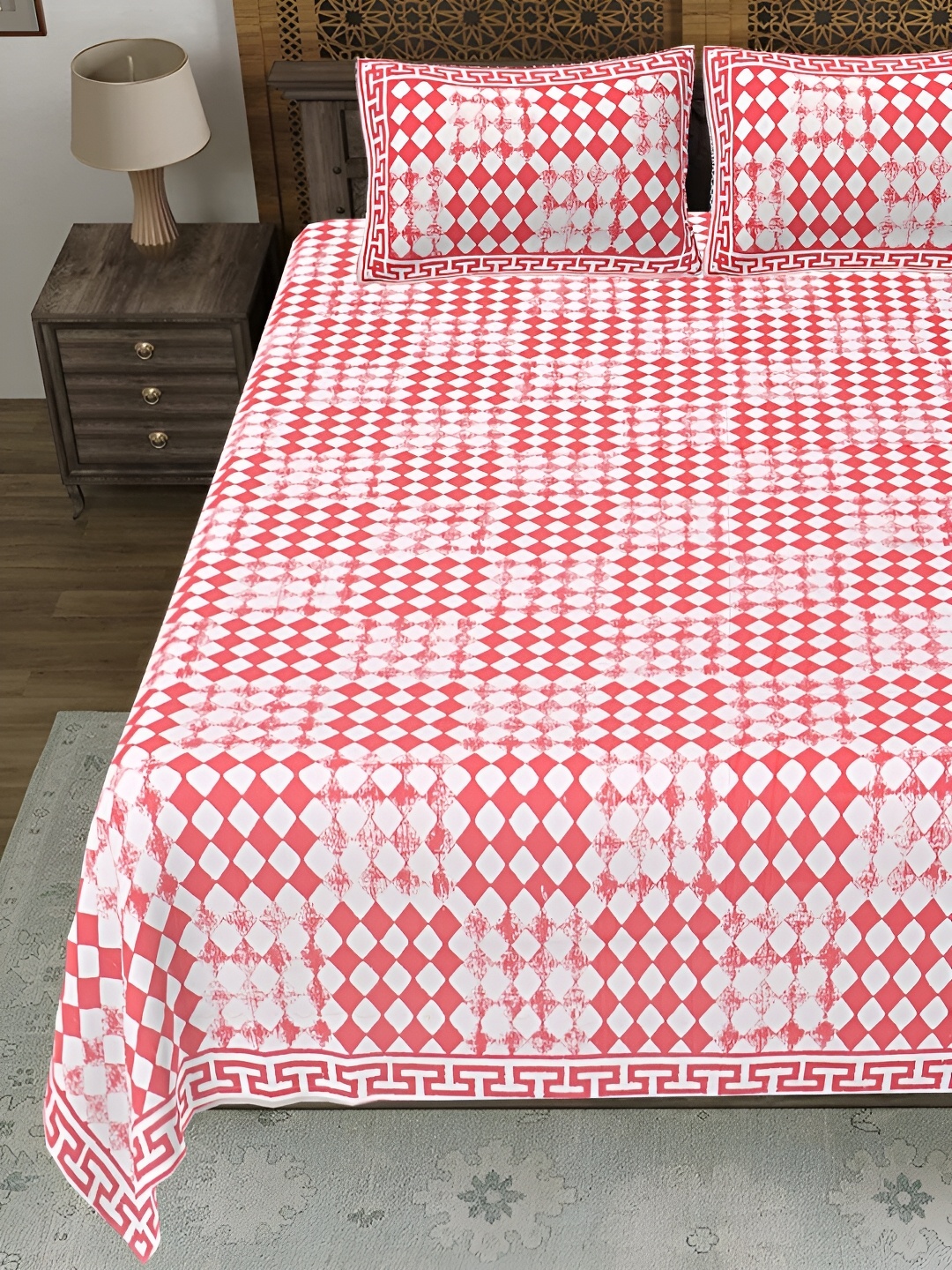 

LIVING ROOTS Super King Size Jaipur Block Print Cotton Double Bedsheet & 2 Pillow Covers, White