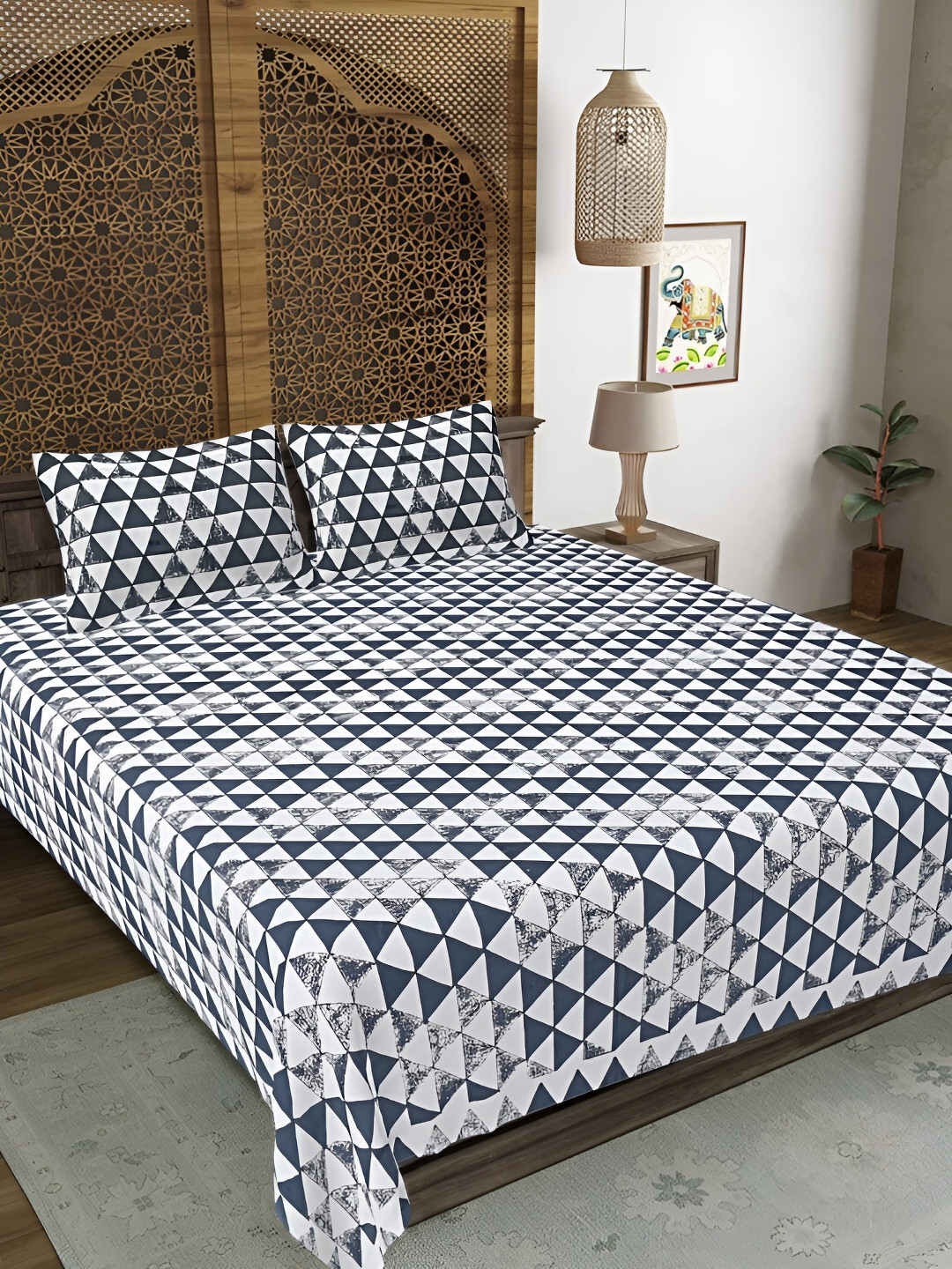 

LIVING ROOTS White & Blue Geometric Printed Cotton 210 TC King Bedsheet Set