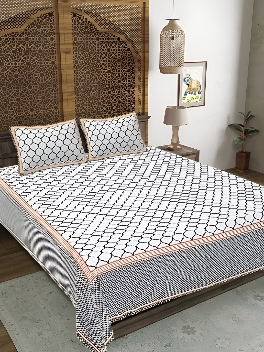 

LIVING ROOTS White & Green Geometric Printed Cotton 210 TC King Bedsheet Set