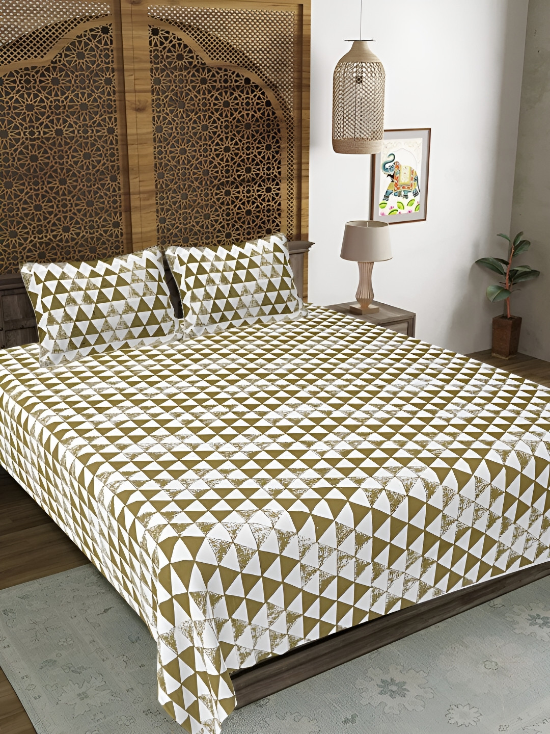 

LIVING ROOTS Super King Size Jaipur Block Print Cotton Double Bedsheet & 2 Pillow Covers, White