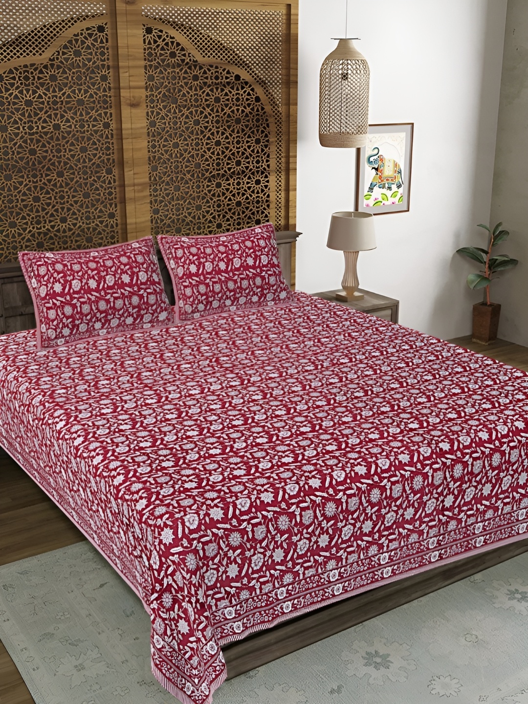 

LIVING ROOTS Super King Size Jaipur Block Print Cotton Double Bedsheet & 2 Pillow Covers, White