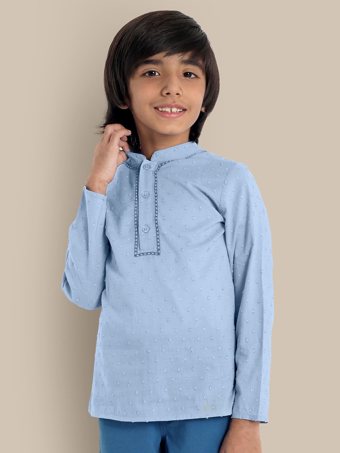 

The Tribe Kids Boys Textured Mandarin Collar Opaque Cotton Casual Shirt, Blue