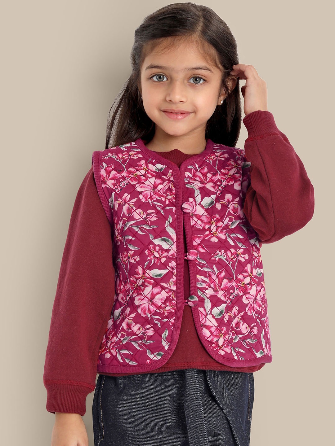

The Tribe Kids Girls Floral Printed Cotton Lightweight Quilted Jacket, Red