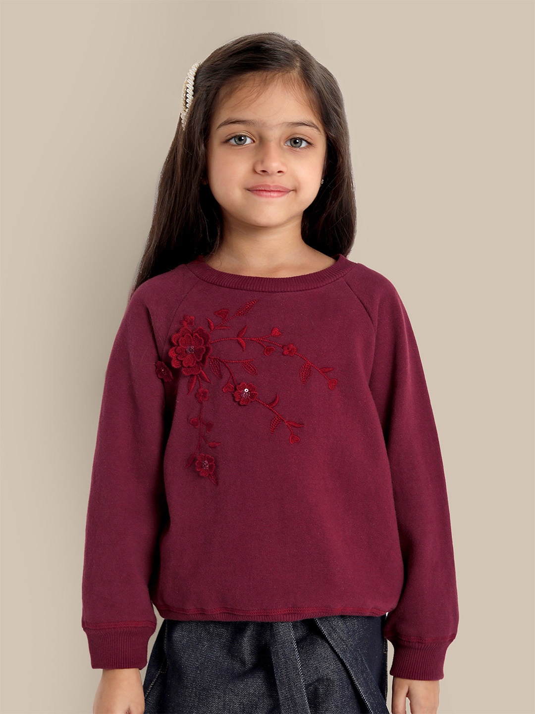 

The Tribe Kids Girls Round Neck Long Sleeves Pullover Sweatshirt, Maroon