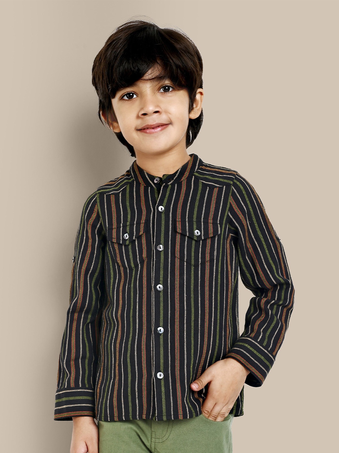

The Tribe Kids Boys Multi Stripes Opaque Cotton Casual Shirt, Black