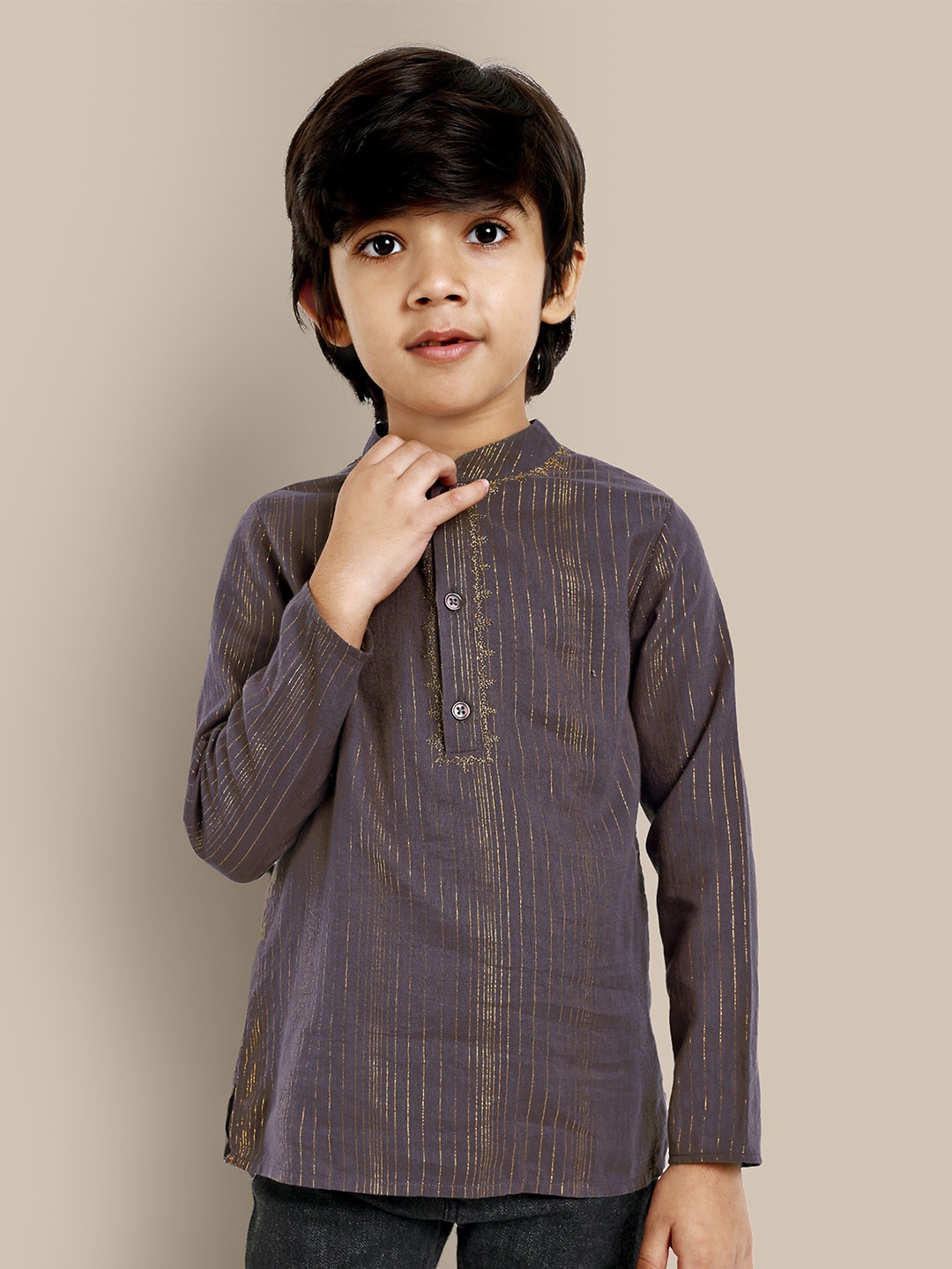 

The Tribe Kids Boys Vertical Stripes Embellished Opaque Cotton Casual Shirt, Grey