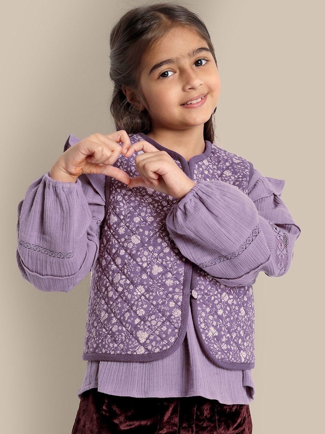 

The Tribe Kids Girls Floral Printed Cotton Lightweight Quilted Jacket, Purple