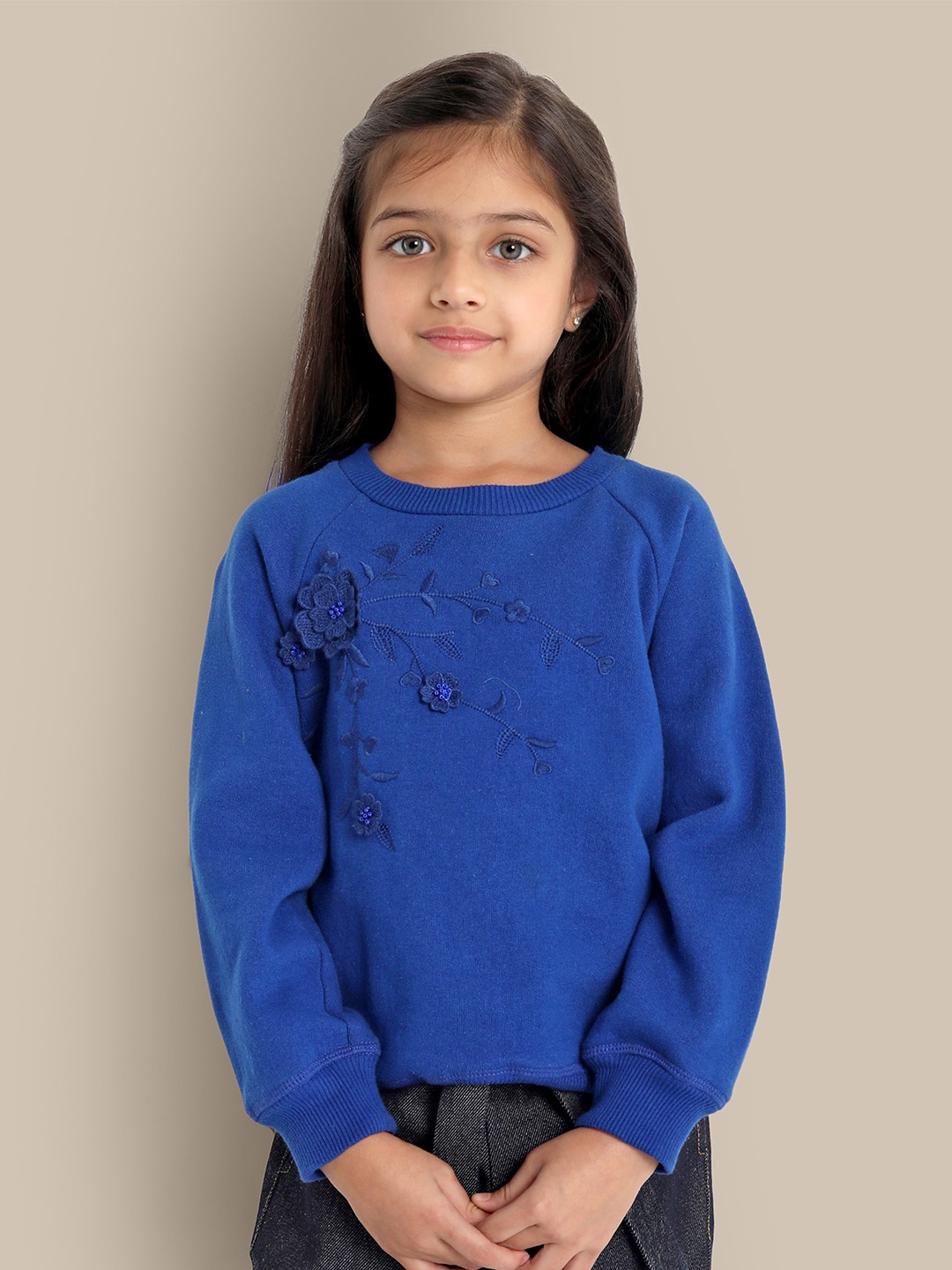 

The Tribe Kids Girls Embroidered Round Neck Cotton Sweatshirt, Blue