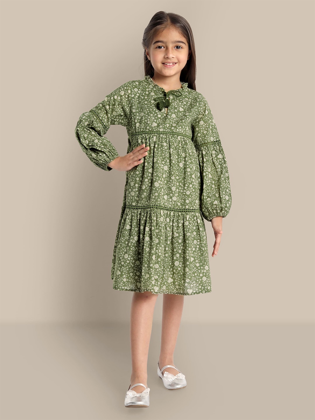 

The Tribe Kids Floral Print Tie-Up Neck Puff Sleeve A-Line Dress, Green