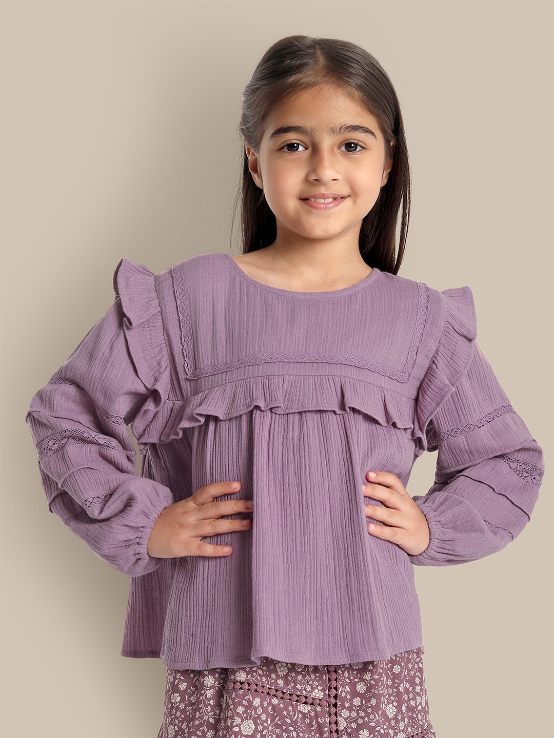 

The Tribe Kids Girls Lace Inserted Round Neck Regular Cotton Top, Purple