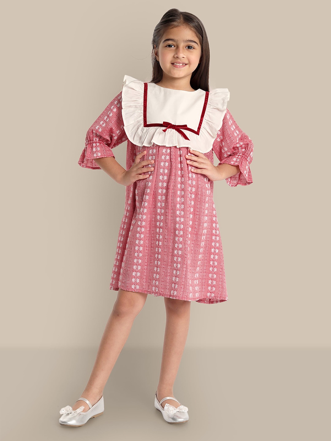 

The Tribe Kids Bell Sleeve Cotton A-Line Dress, Red