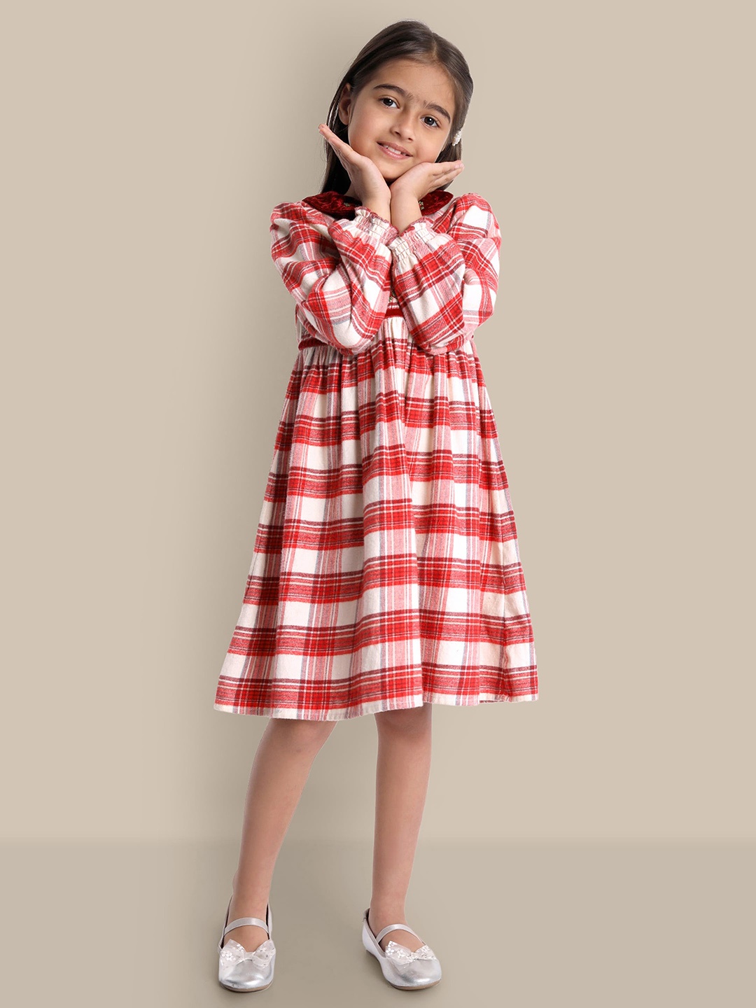 

The Tribe Kids Long Sleeves Cotton Checked Fit and Flare Dress, White