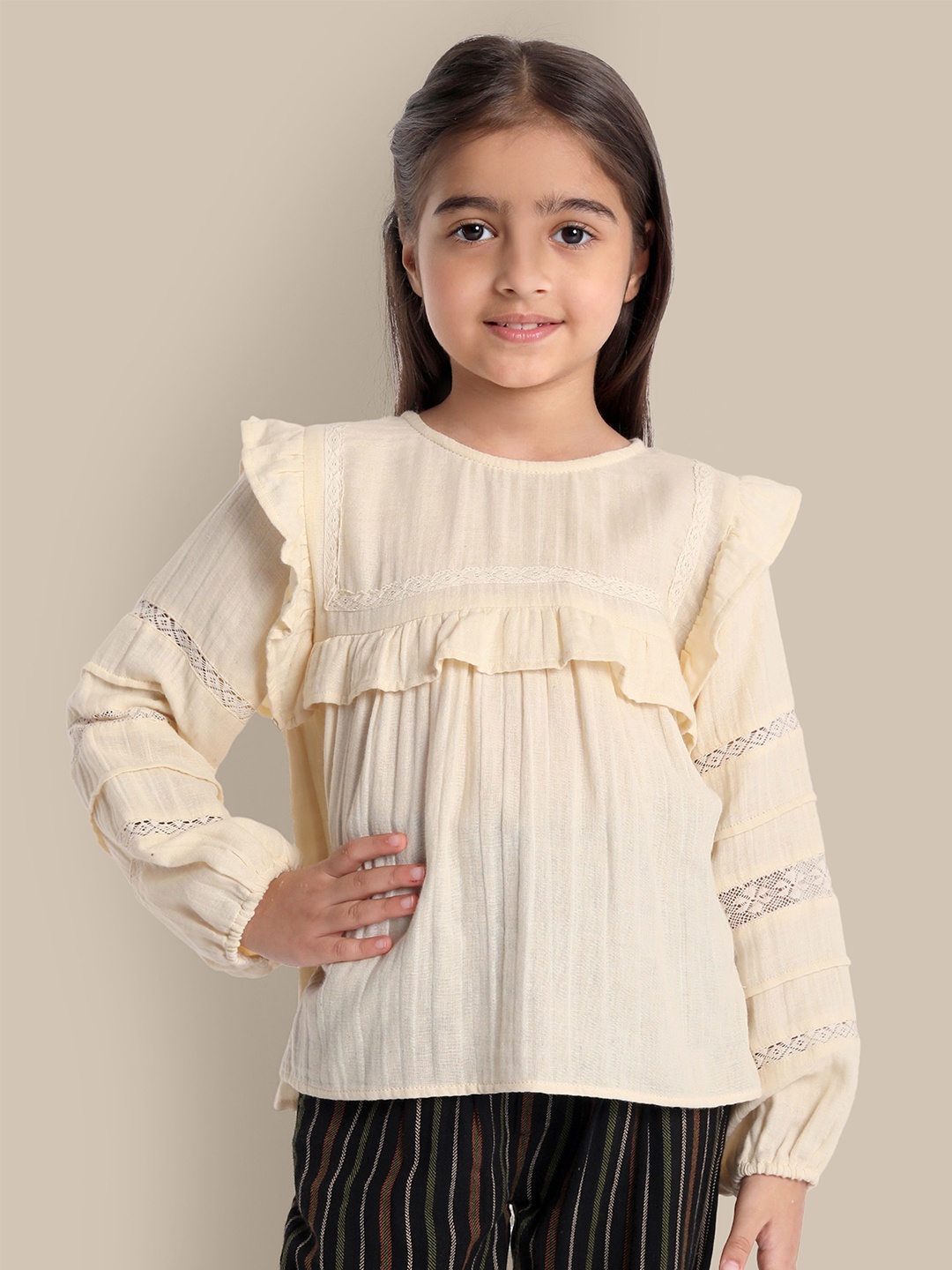 

The Tribe Kids Girls Lace Inserted Round Neck Regular Cotton Top, Beige