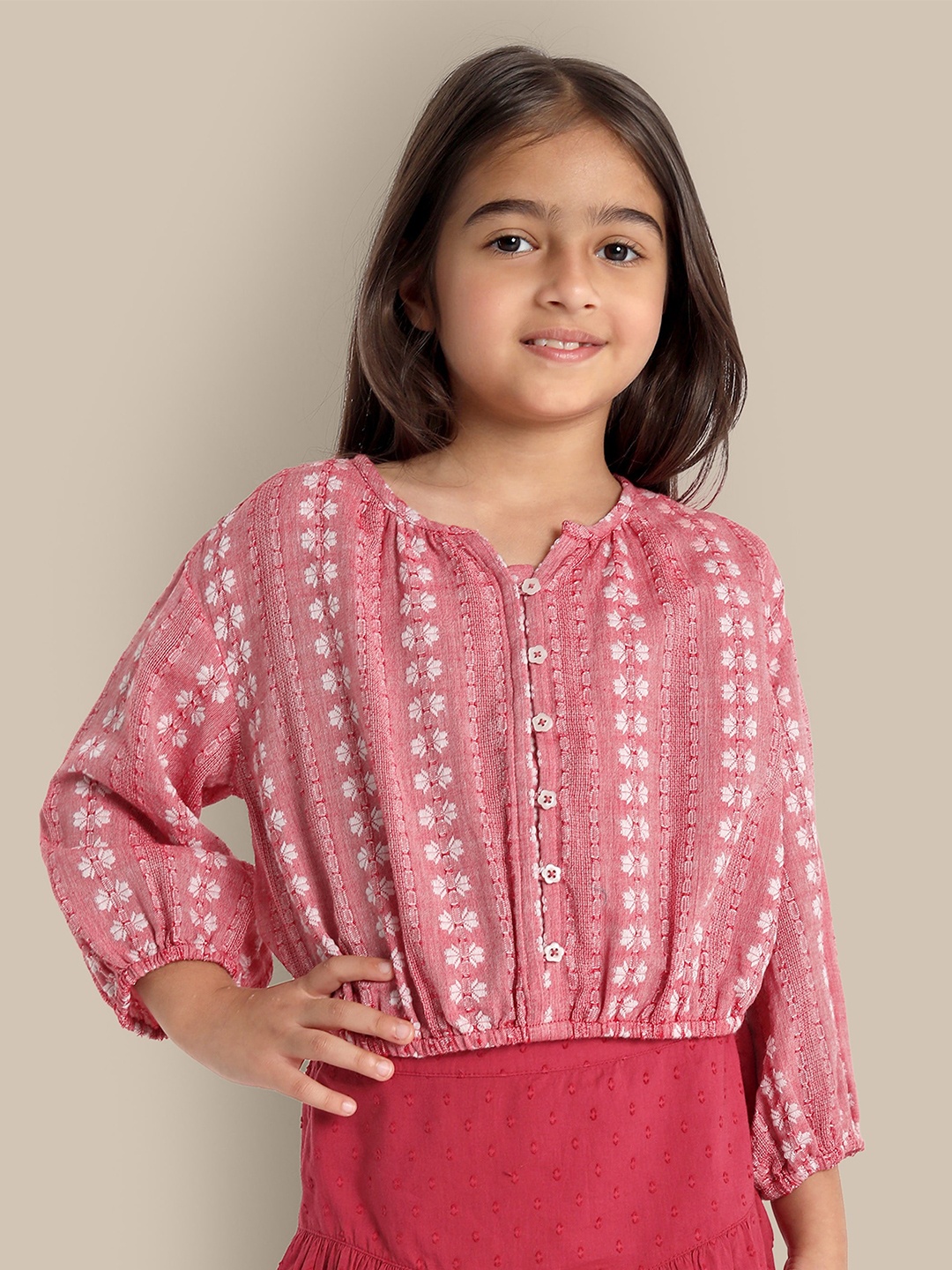 

The Tribe Kids Girls Floral Printed Regular Cotton Top, Red