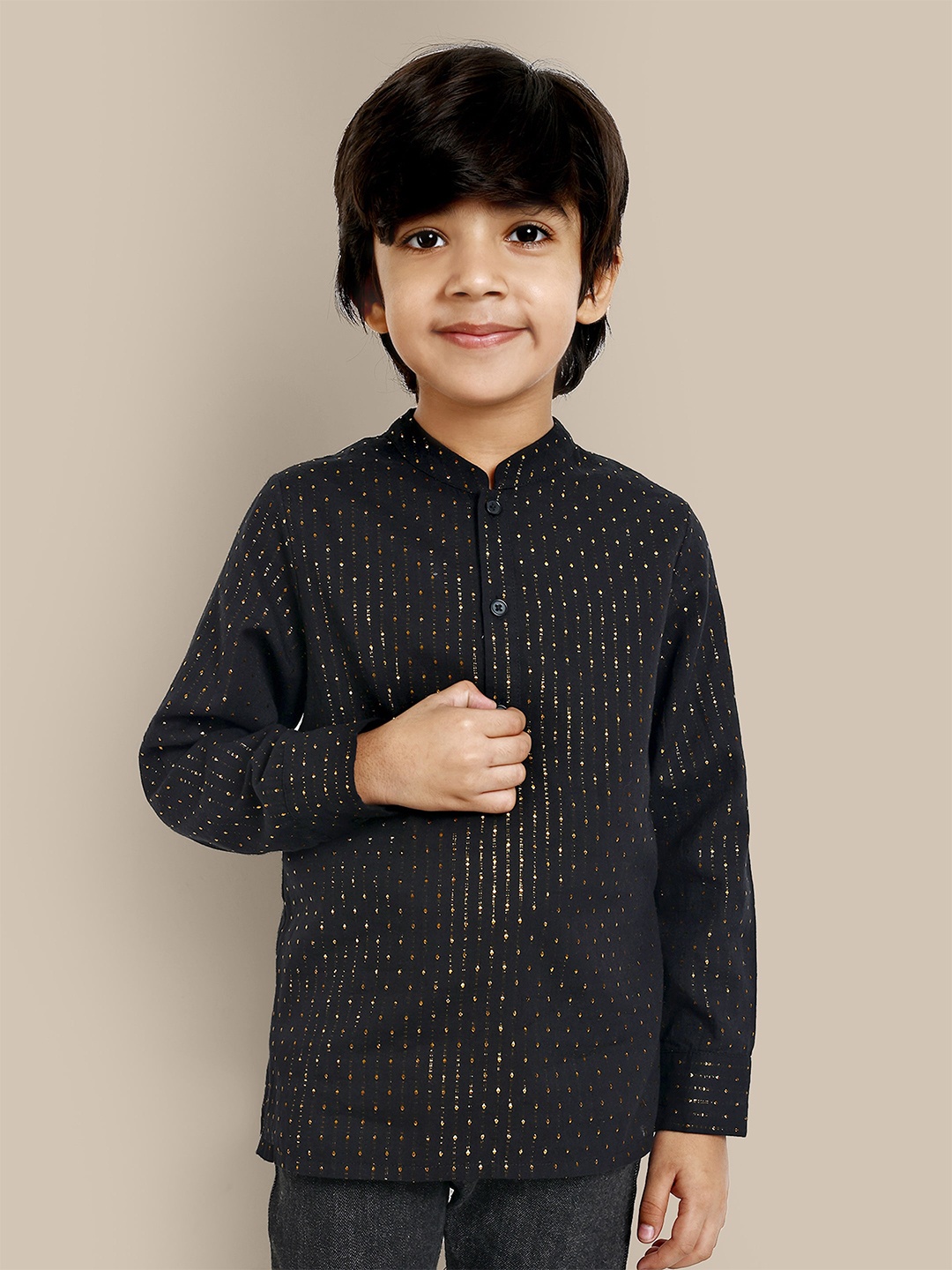 

The Tribe Kids Boys Textured Mandarin Collar Opaque Cotton Casual Shirt, Black