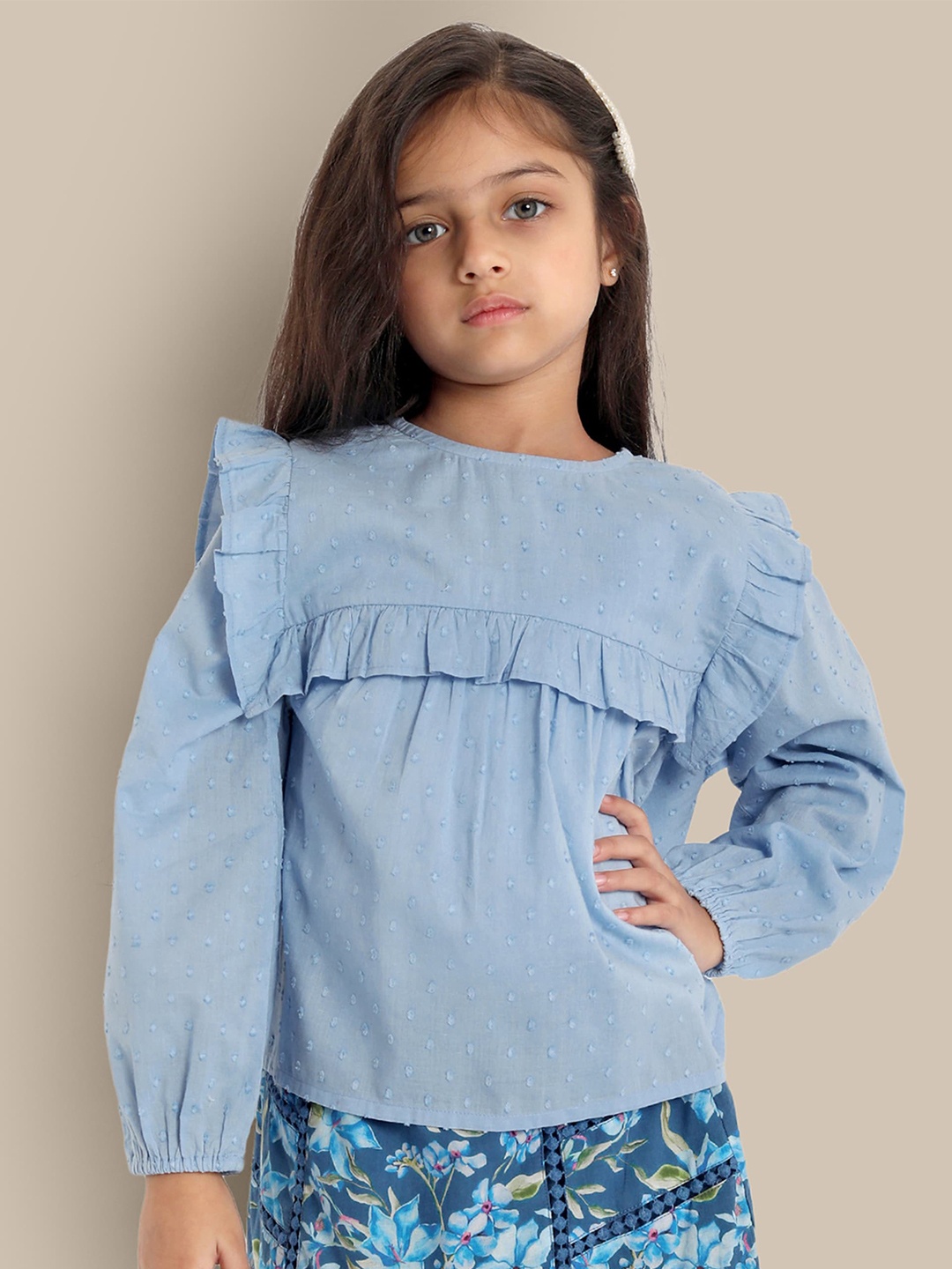 

The Tribe Kids Girls Round Neck Regular Cotton Top, Blue