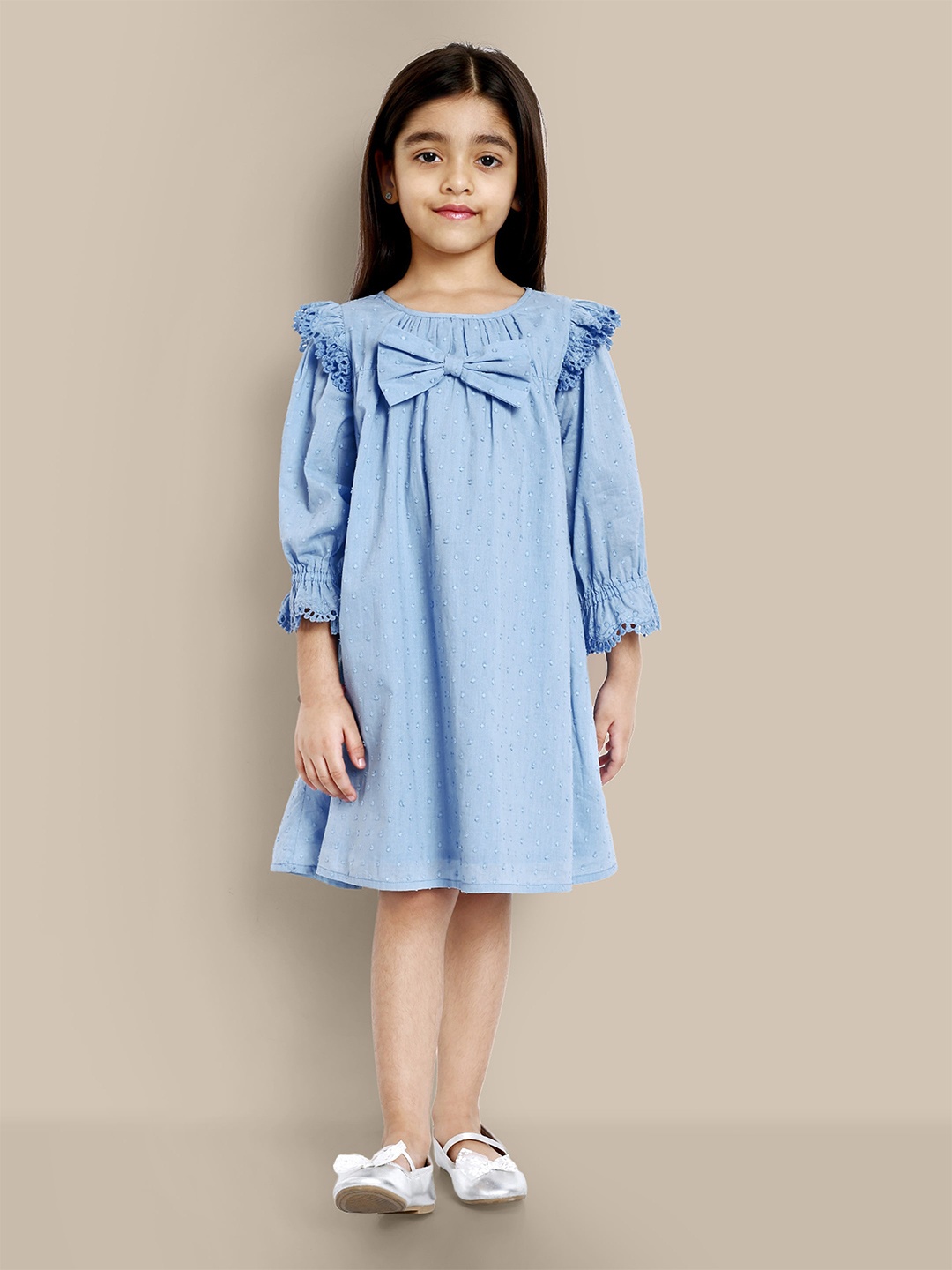 

The Tribe Kids Long Sleeves Round Neck Cotton A-Line Dress, Blue