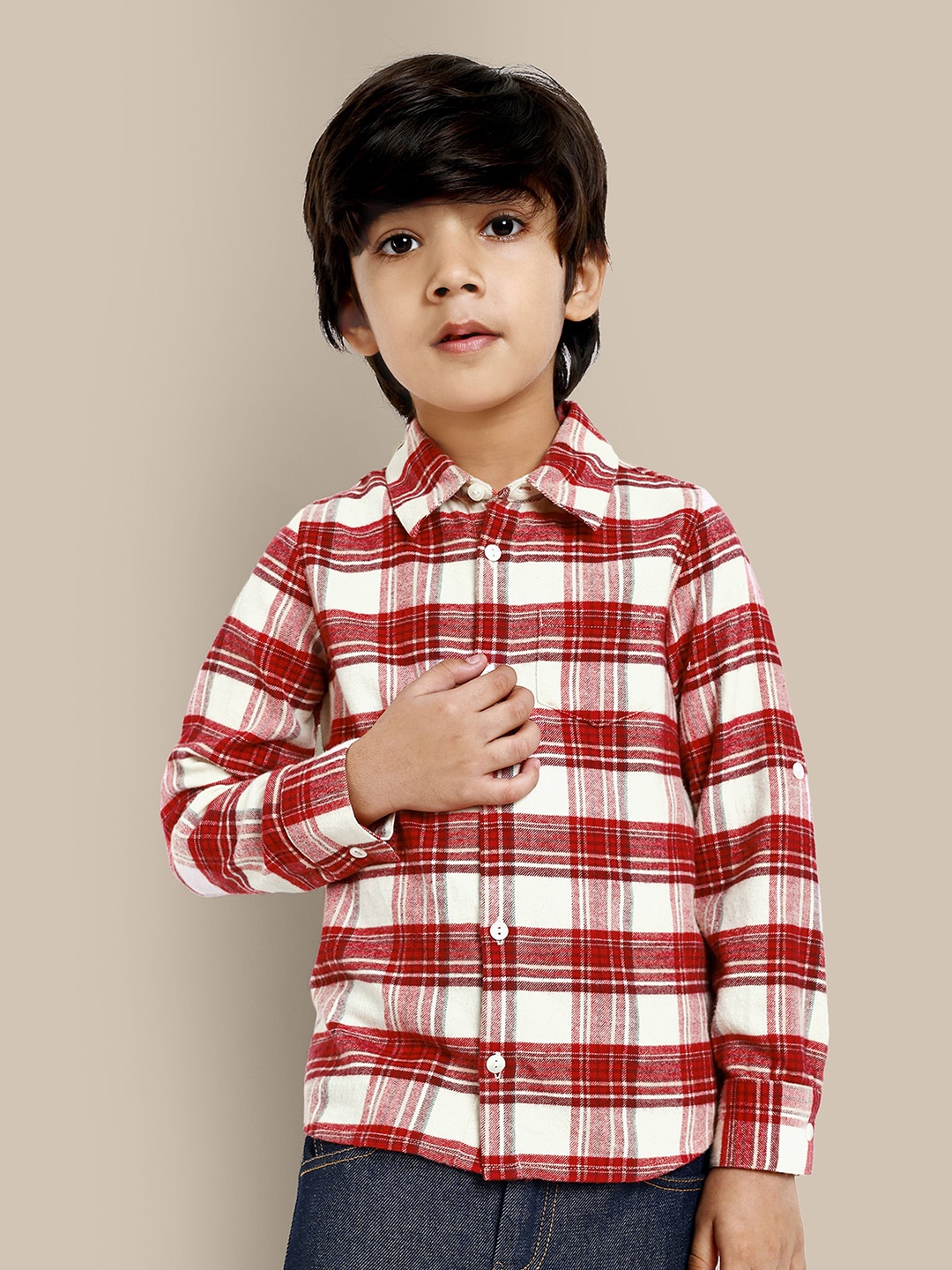 

The Tribe Kids Boys Tartan Checked Spread Collar Long Sleeves Cotton Casual Shirt, Red