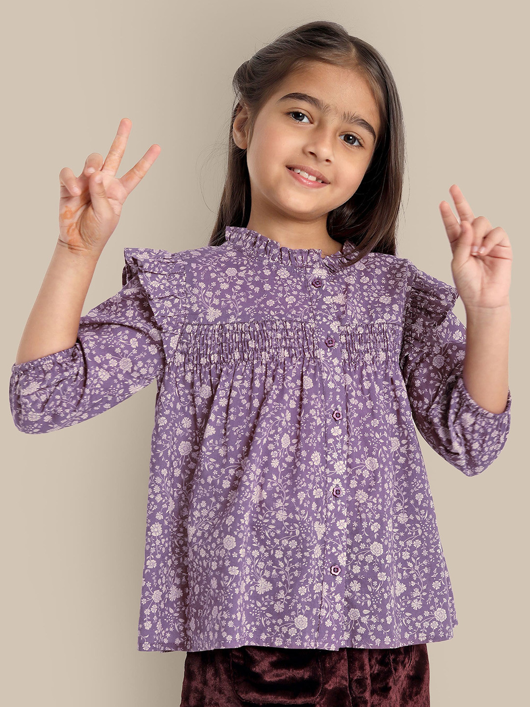 

The Tribe Kids Girls Floral Printed Regular Cotton Top, Purple