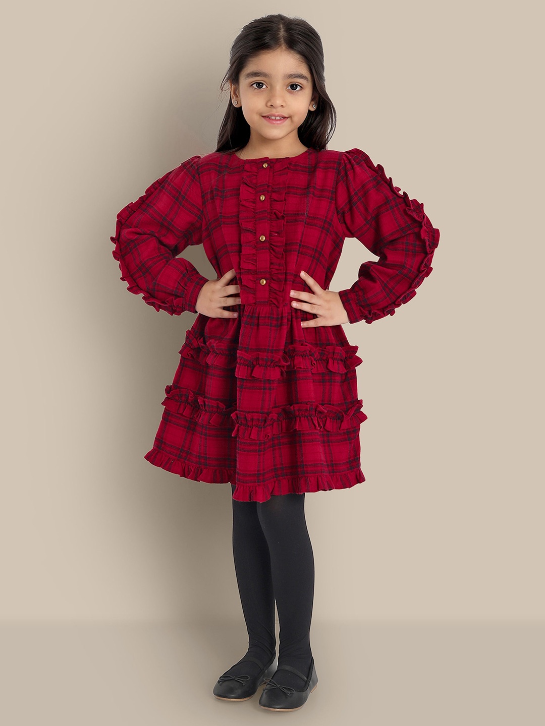 

The Tribe Kids Checked Puff Sleeve A-Line Dress, Red