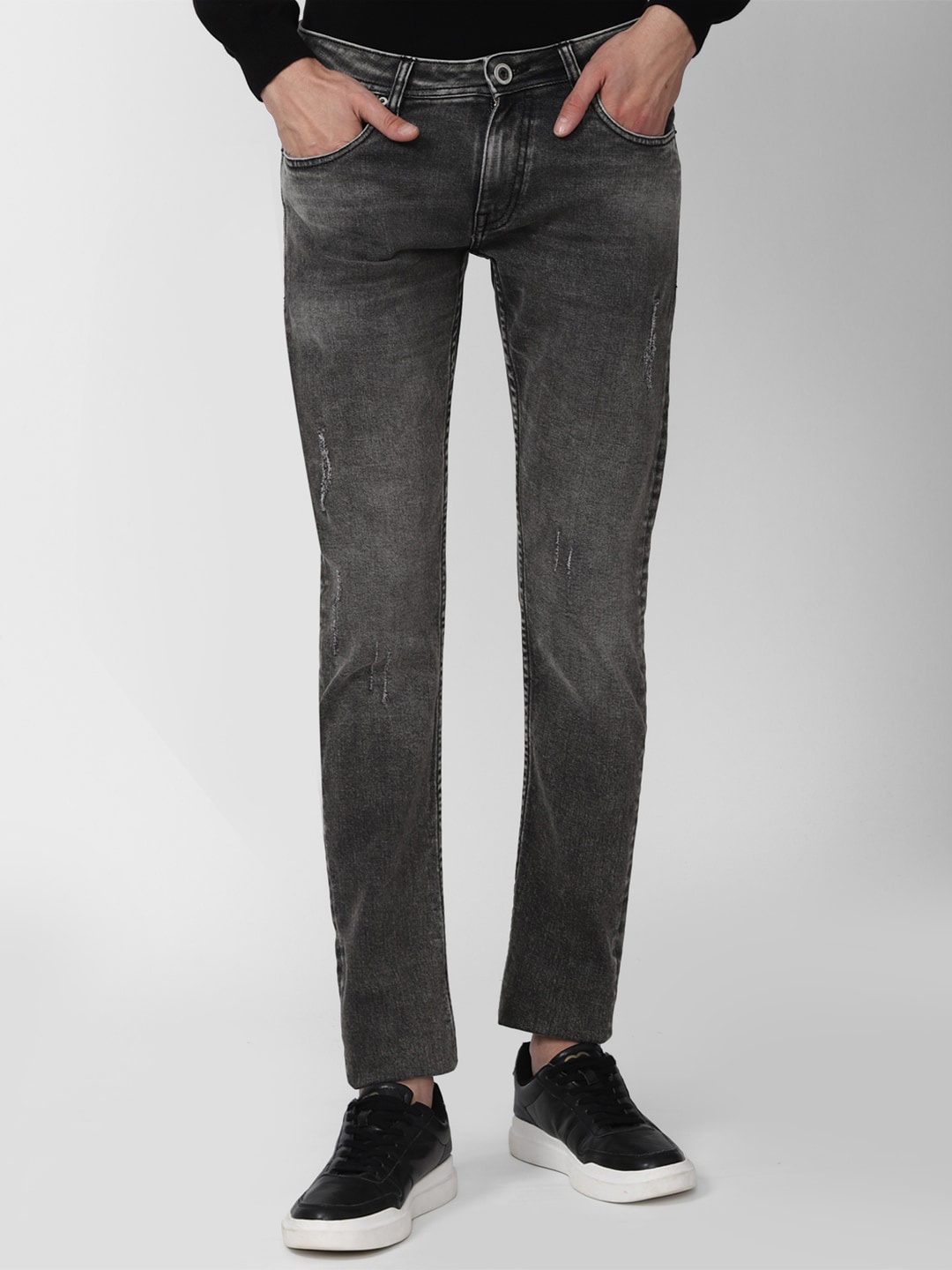 

Peter England Casuals Men Slim Fit Low Distress Heavy Fade Stretchable Jeans, Grey