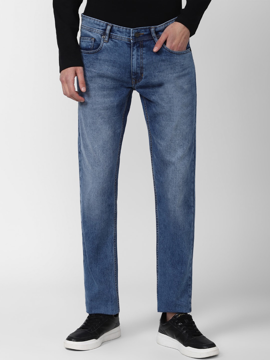 

Peter England Casuals Men Tapered Fit Clean Look Heavy Fade Stretchable Jeans, Blue
